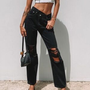 Princess Polly Holly Asymmetric Ripped Jeans Black Denim🖤